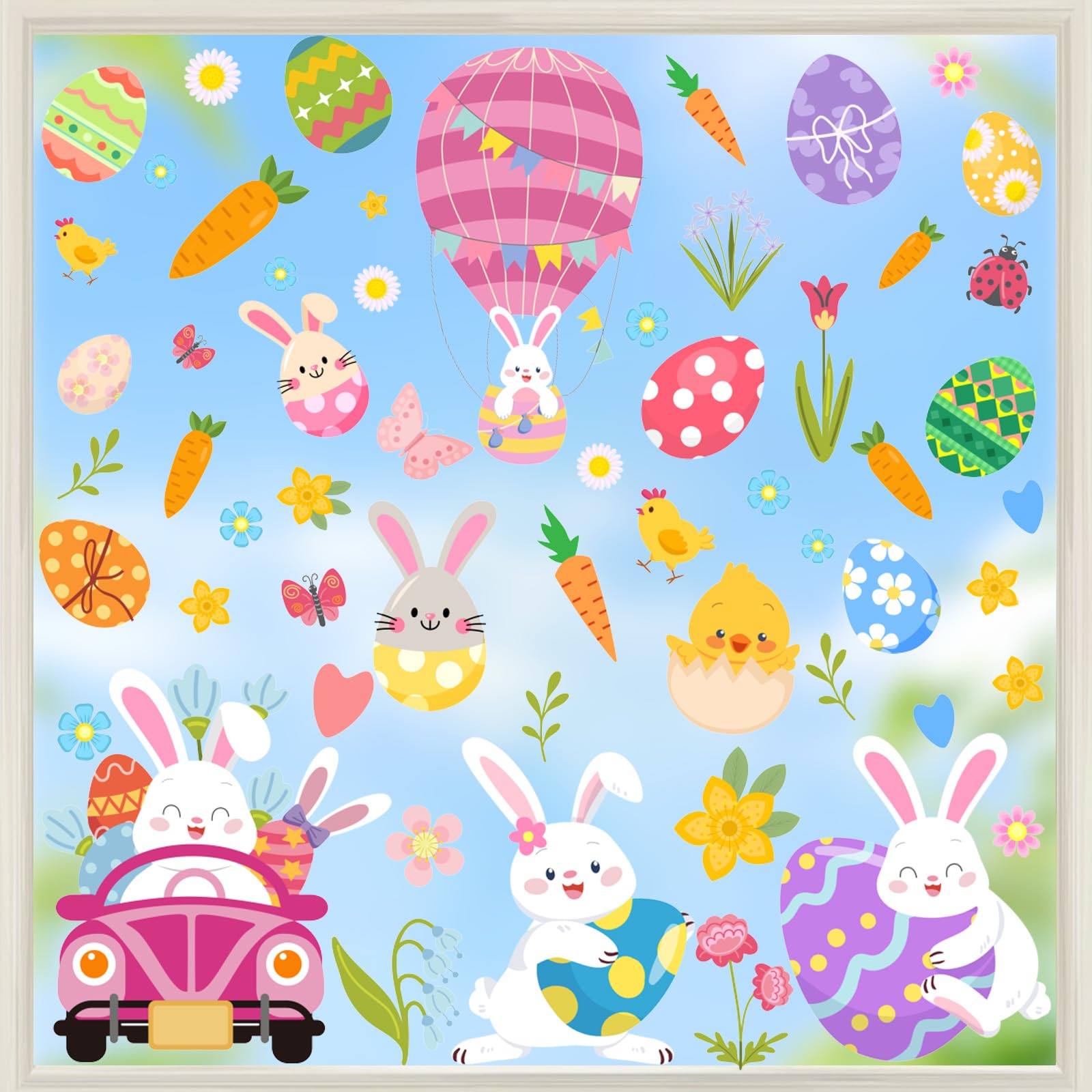 HPNIUB Happy Easter Bunny Window Decoration,Easter Egg Window Clings,Carrot Egg Flower Wall Sticker,Cartoon Window Decor for Easter Nursery Decor Hunt Games Party Supplies (Bunny1)