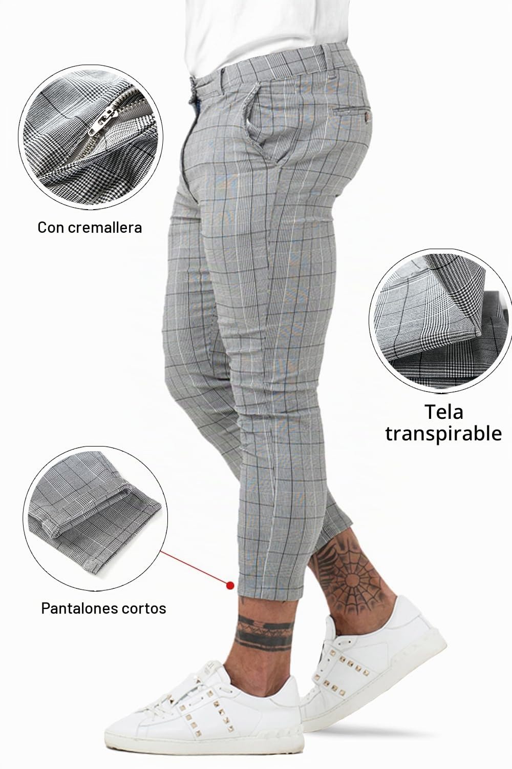 GINGTTO Hombre Pantalones Chino Skinny Cuadros Elásticos Taper Leg