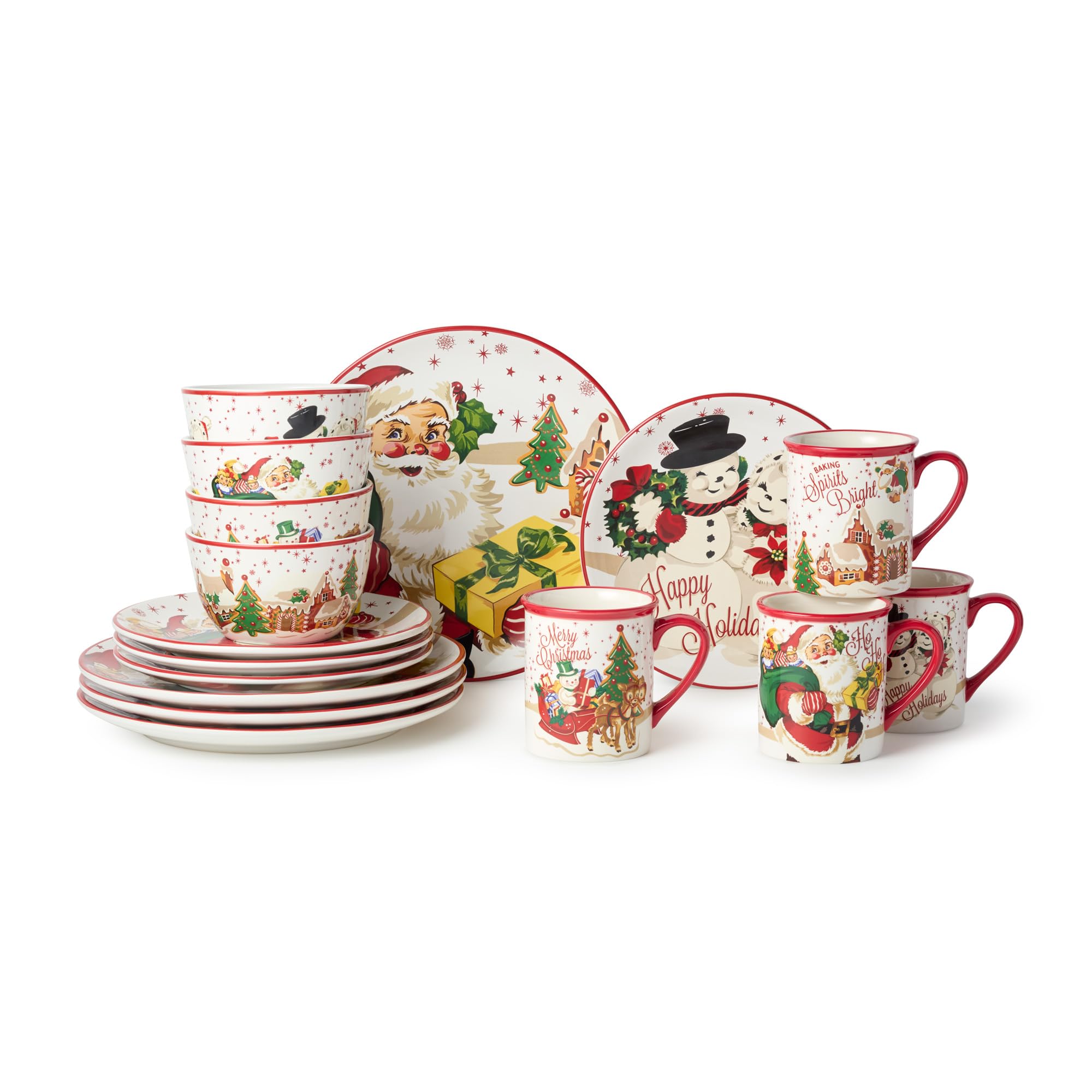 Santa’s Retro Christmas 16 pc Dinnerware Set, Service for 4 – Holiday Plates, Bowls & Mugs with Vintage Santa, Reindeer & Snowman Art, Festive Tableware for Christmas Parties and Holiday Décor
