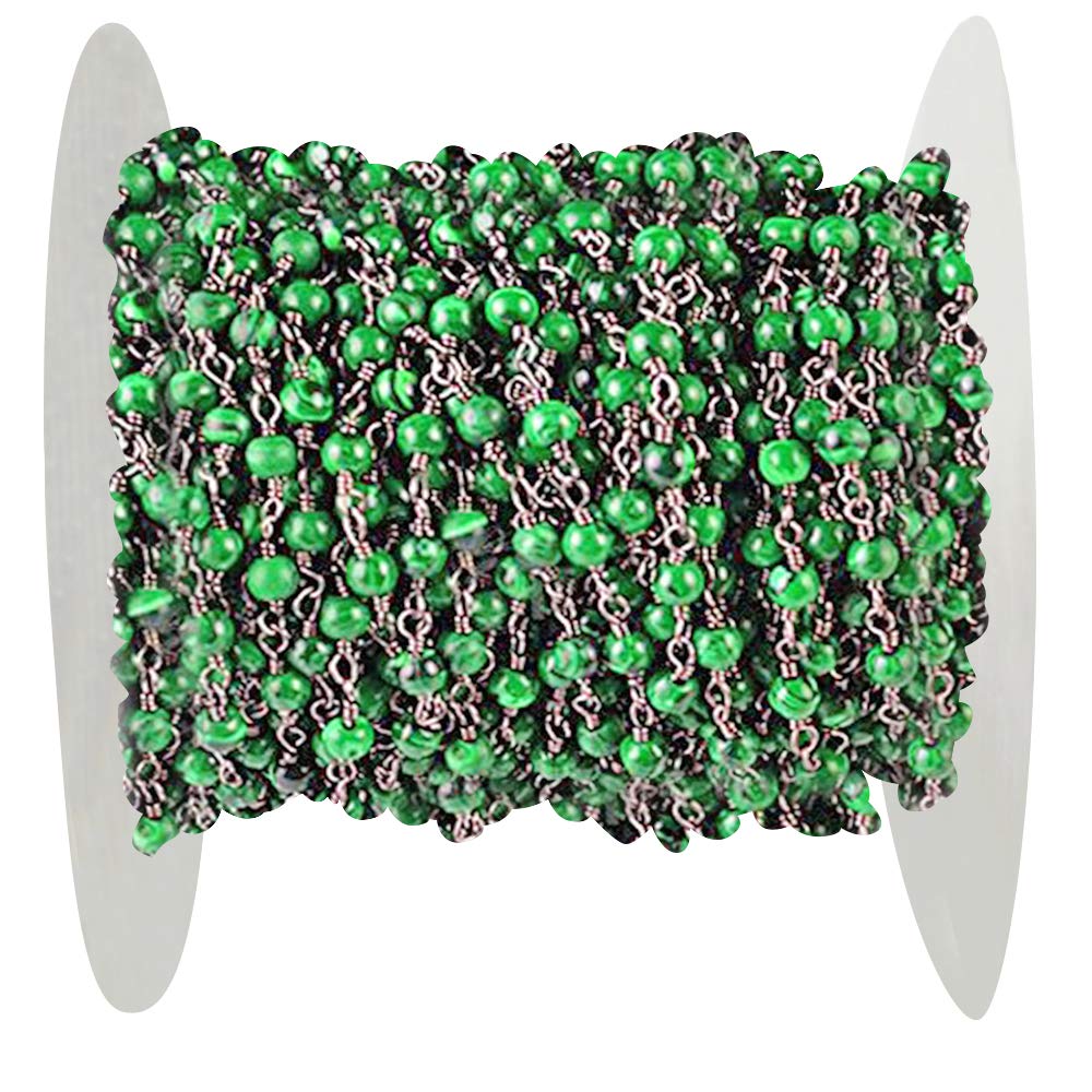 Tbkoly One Foot Malachite Smooth Beads Rosary, 3-3.5mm Black Plated Wire Wrapped Rosary Chain Foot (BPMC-30002)