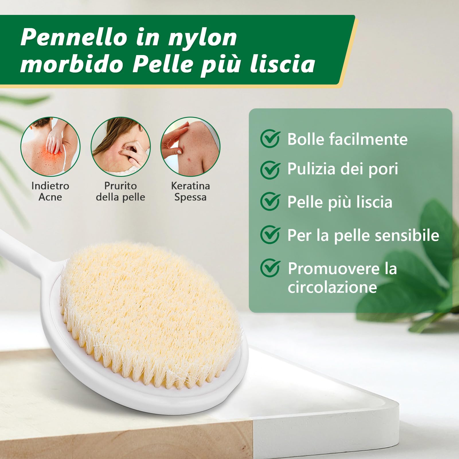 Spazzola per schiena con manico lungo, ergonomica, con setole morbide, per tutte le parti del corpo, per tutti i tipi di pelle, esfoliazione morbida, miglioramento della salute della pelle