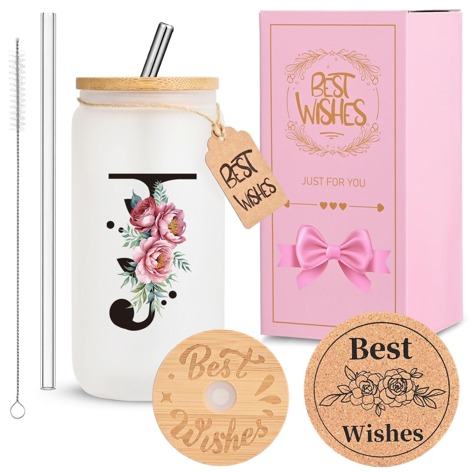 HWJH Personalized Initial Glass Cup for Women, 16oz Glass Cup with Lids and Straws, Monogrammed Gift Set, Frosted Reusable Tumbler with Gift Box &