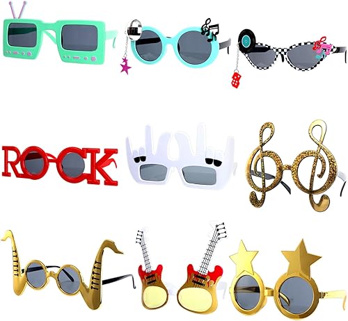 Paquete de 9 lentes de sol divertidos de música rock de los años 80 y 90, suministros de fiesta de radio, estrellas, gafas novedosas, accesorios