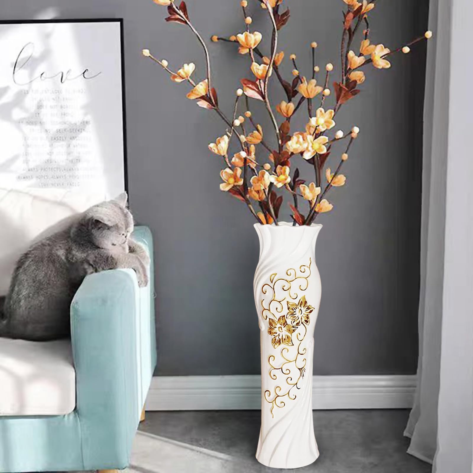 Amazon.com: White Gold Tall Ceramic Floor Vase, 24" Gold-Trimmed ...