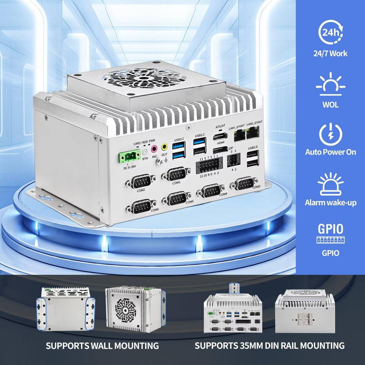 Industrie Mini PC Core i3-1235U, Firewall Netzwerk-PC, Aktive Kühlung für Stabilen Dauerbetrieb, DIN-Schiene, 2 x i210AT GbE LAN, Barebone, DC 9-36V Power Input