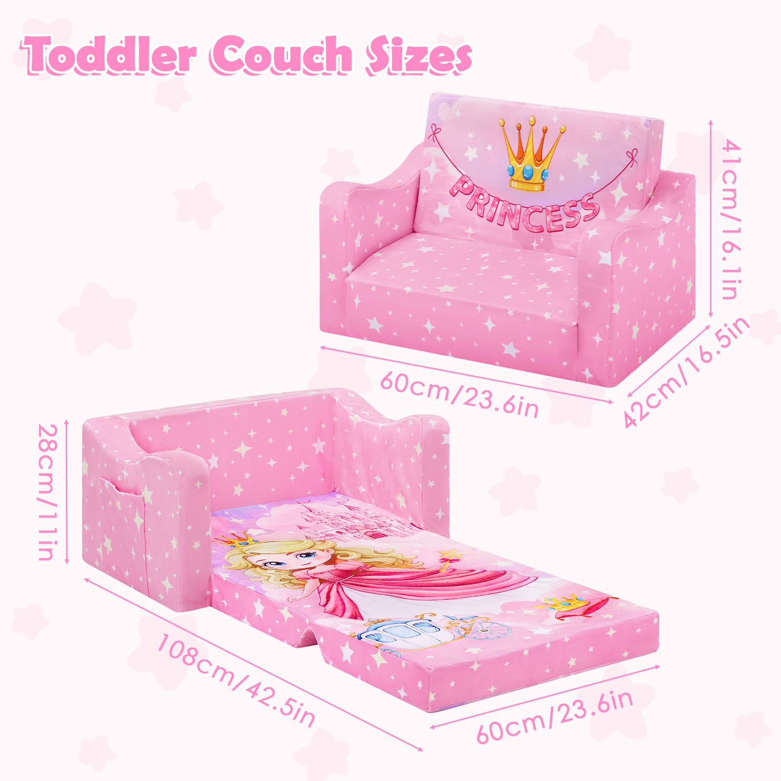 Kindersofa Ausklappbar 2-in-1, Standfester Schlafsofa für Jugend und Mädchen,Weiche Kindercouch für Kuschelecke Leseecke, Rosa Prinzessin