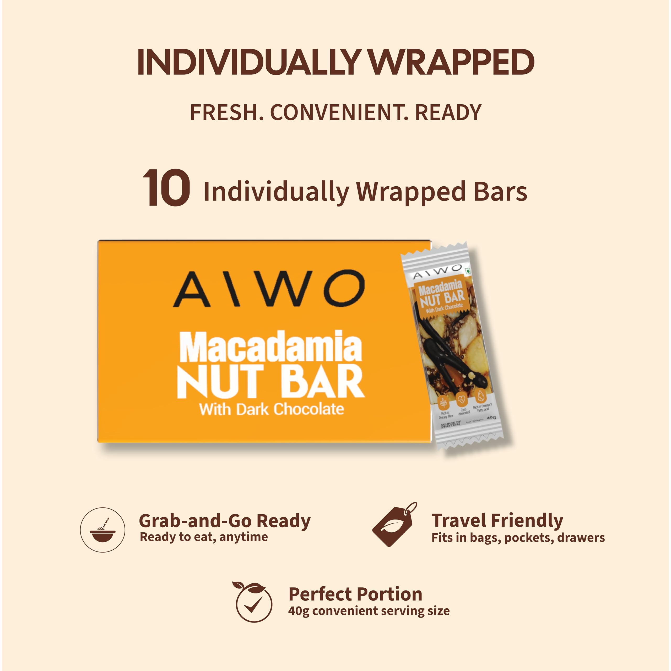 Aiwo Macadamia Nut Bar with Dark Compound Chocolate | Daily Protein Bars | Pack of 10 x 40g Protein Bars — Amazon image 8