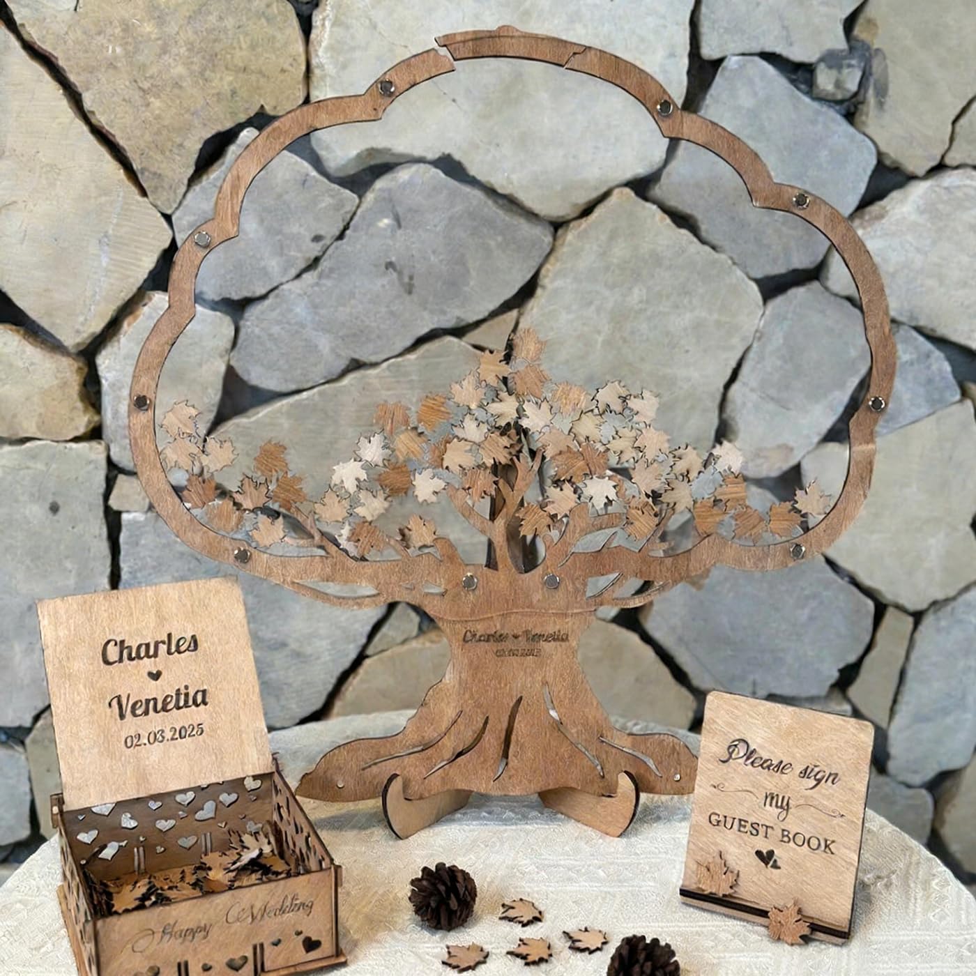 Hochzeitsgästebuch, alternatives Gästebuch aus Holz, Stammbaum, rustikale Ahornblätter, Tropfenbox, individuelles Acrylschild, Andenken für Empfang, Dekoration (50 cm/100 Stück)