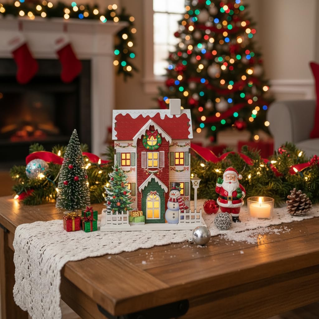 Maison de village de Noël en bois avec lumières LED, 23,5 cm, décoration de vacances rustique, pièce maîtresse de cheminée, décoration festive, bonhomme de neige