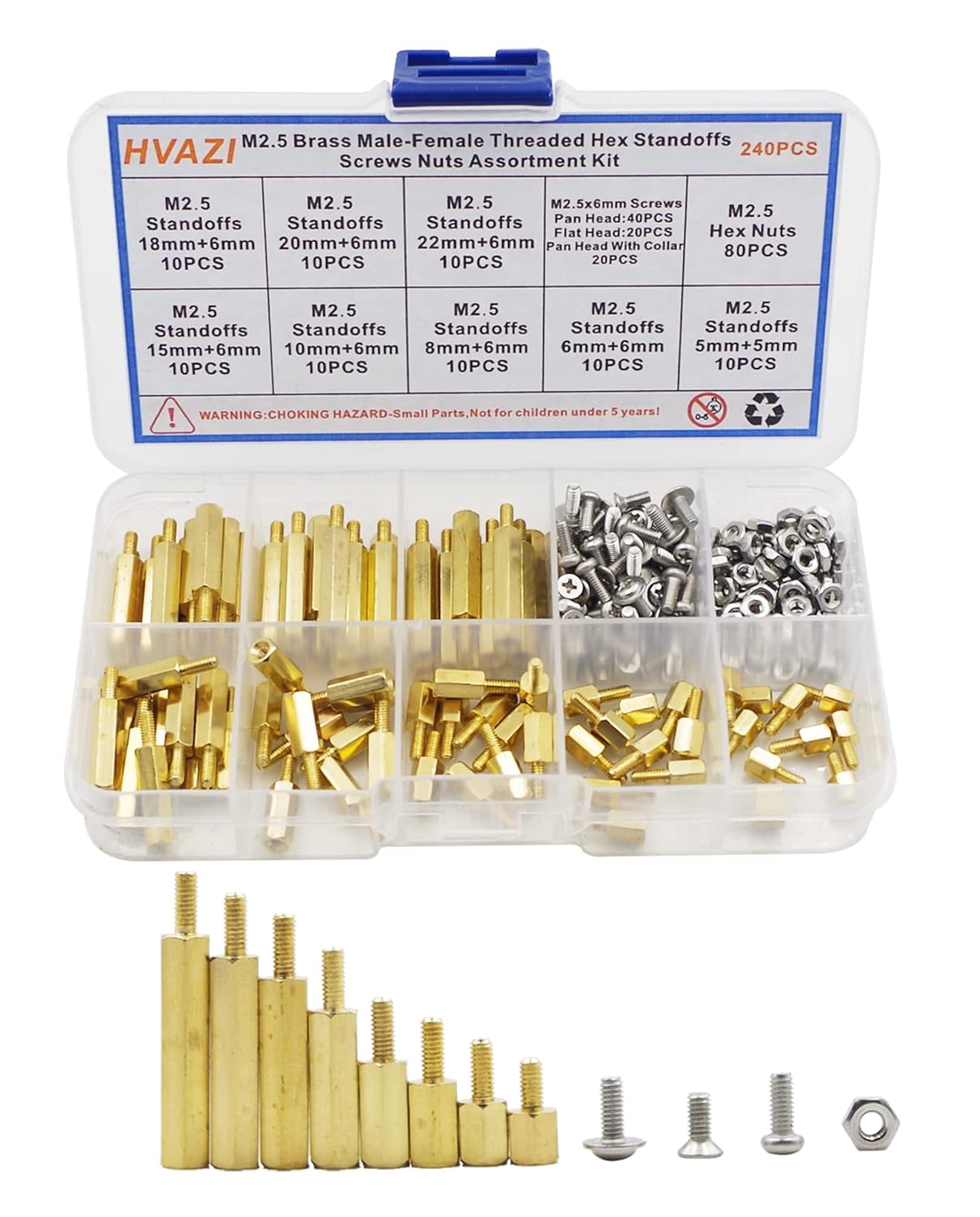 M2.5 Brass Male-Female Hex Standoffs, 304 SS Screws & Hex Nuts Kit