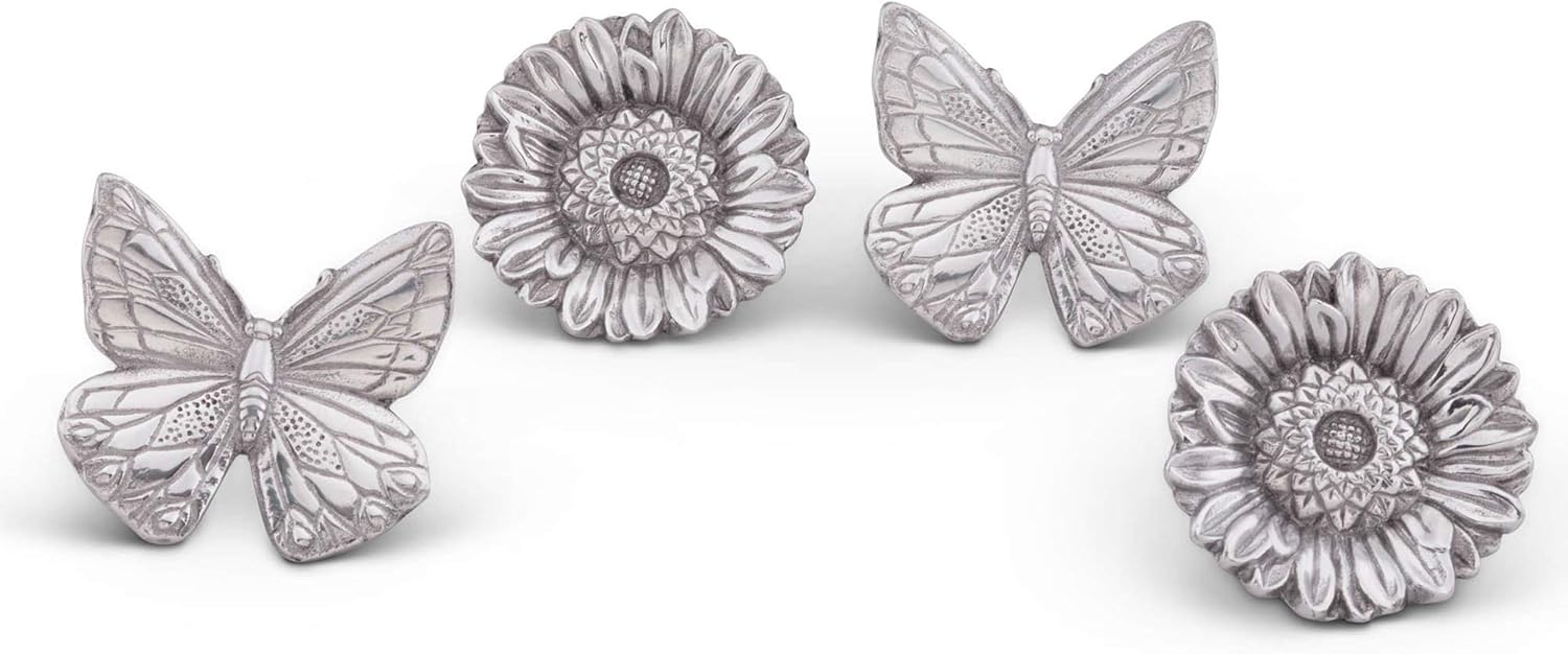 Arthur Court Spring Decor - Metal Butterflies and Flowers Napkin Ring Set, Table Decor, 4-Piece Artisan Crafted Designer Rings, Pair of Butterflies and Pair of Flowers, 3 inch x 3 inch