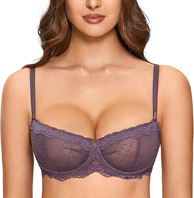 DOBREVA Women's Sexy Lace Bra Underwire Balconette Unlined Demi Sheer Plus Size