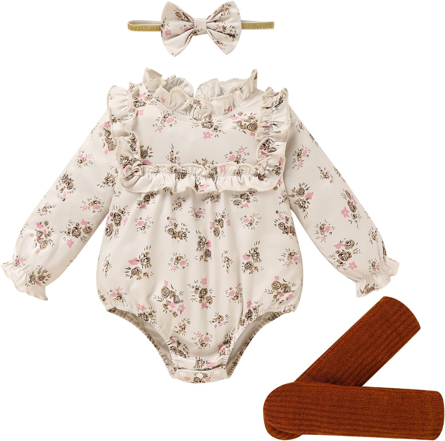 GRNSHTS Newborn Baby Girl Clothes Ruffle Rompers Toddler Fall Outfits for Girls Set Little Girl Fall Winter Clothing Pink Flower 6-12 Months (missing parts)
