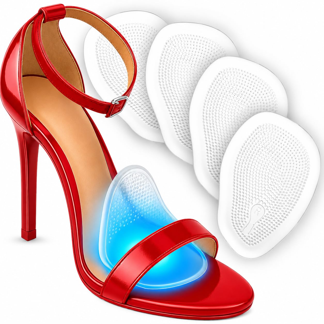 benoo Ball of Foot Cushion Pads for High Heels, Gel Shoe Insert for Women | Metatarsal Pads & Gel Insoles for High Heels, Non Slip Forefoot Cushion Inserts, Heel Grips & Protectors, Pain Relief, 4 Pack