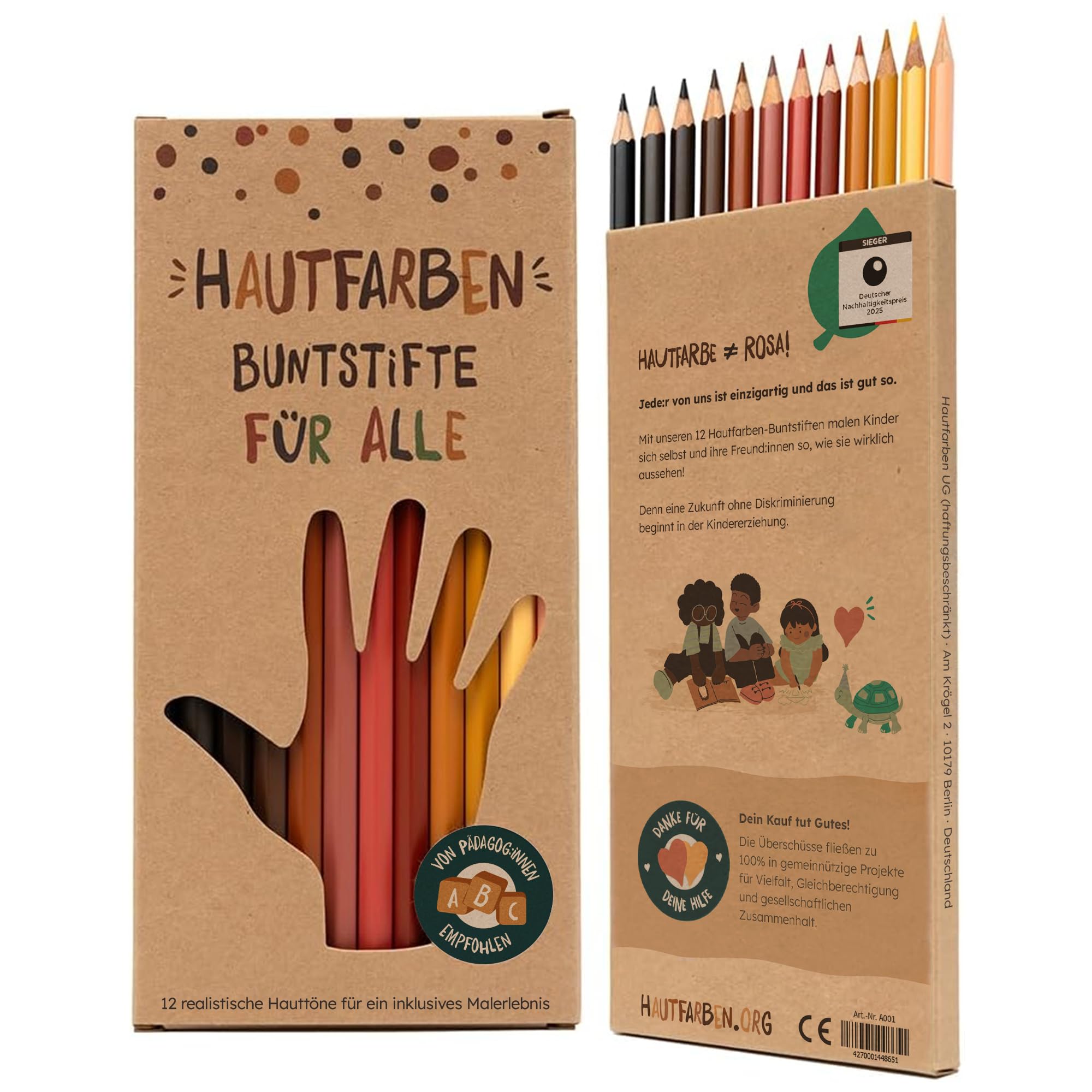Hautfarben Buntstifte, Deutscher Nachhaltigkeitspreis 2025, Set mit Buntstiften in 12 Hauttönen, Buntstifte Stifte, Brauntöne, Nachhaltige Materialien, für Kinder ab 3 Jahren