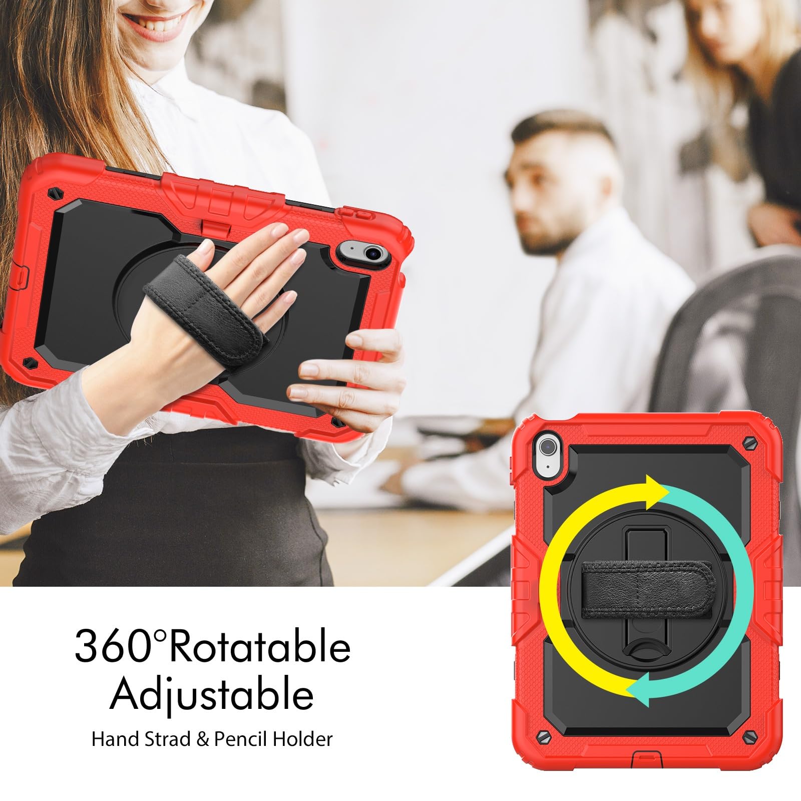 Kompatybilny z etui iPad 11. generacji A16 cali 2025 folią ochronną ekranu, wytrzymała, odporna na wstrząsy obudowa, obrotowy pasek rękę 360° i ramię [podpórka] [pasek ramię](Rosso)
