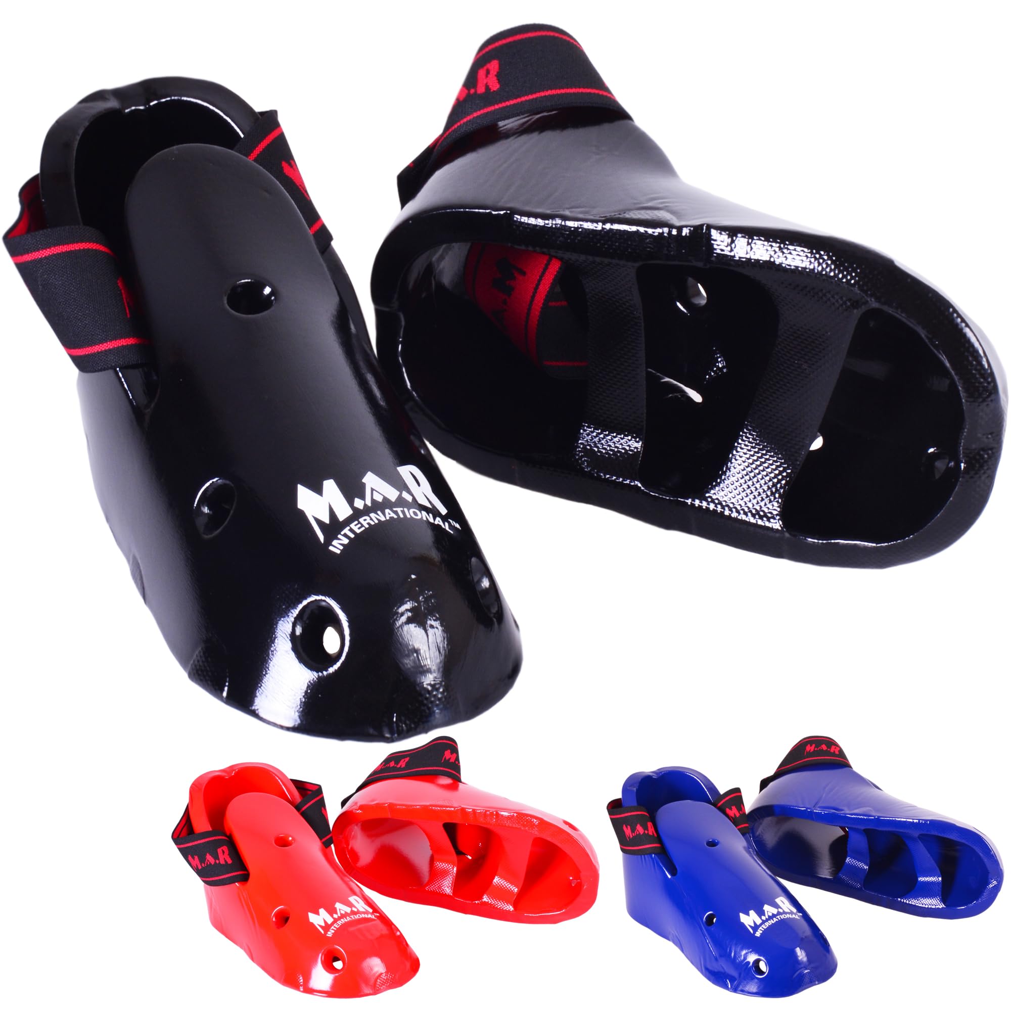 MAR | Martial Arts Foot Protector for Karate Kickboxing, Muay Thai, K1 & Taekwondo| Vinyl Dipped Foam Kick Boots Elasticated Toe Loops & Secure Strap Men, Women & Kids Red, Black Blue (Black, XL)