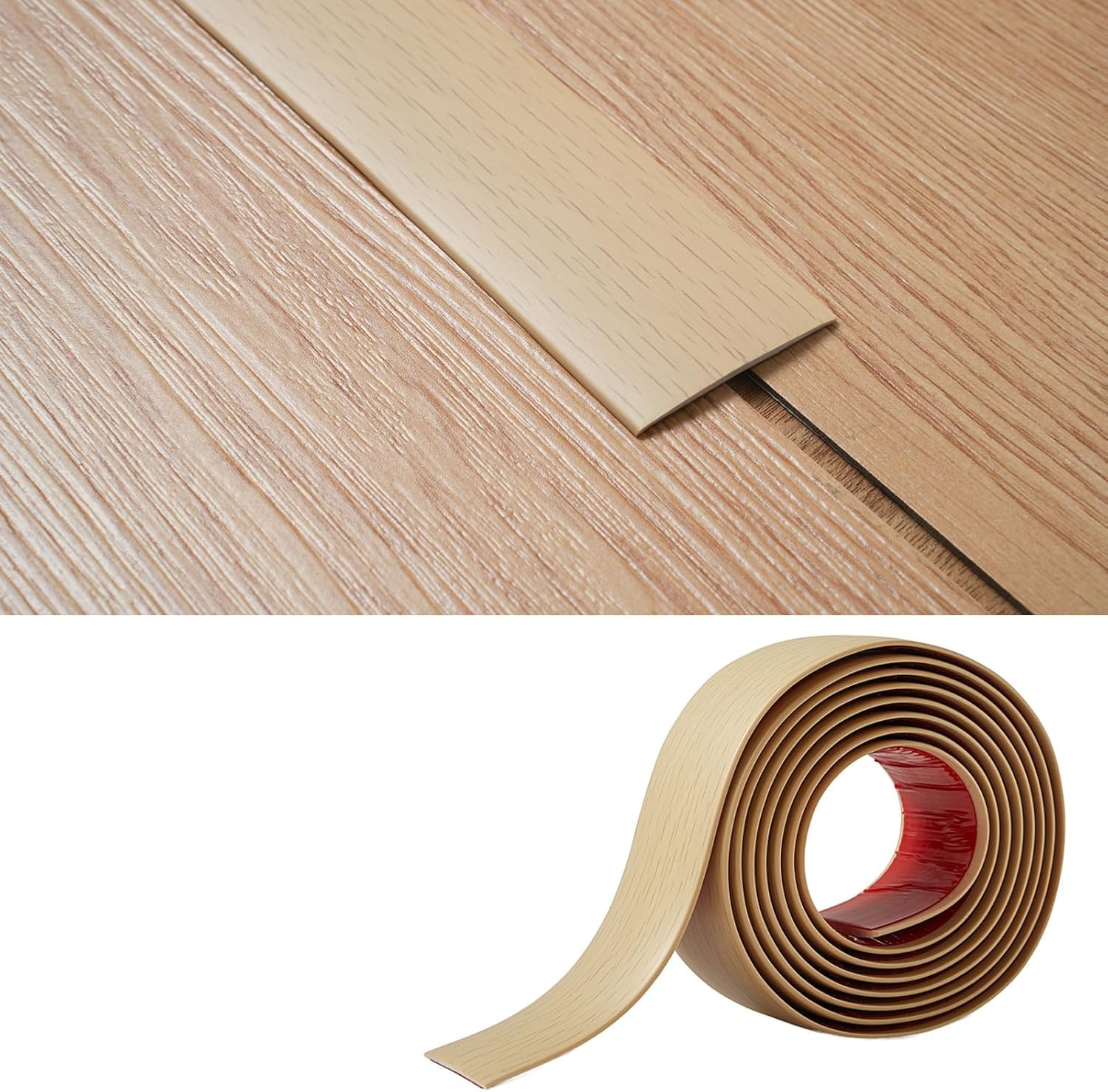 PVC Floor Transition Strip(5cm Wide × 2mm Thick) Laminate Floor Cover Strips Self Adhesive Door Bar Divider Strip Flat Flooring Edge Joining Trim (9M, Beige Wood Grain)
