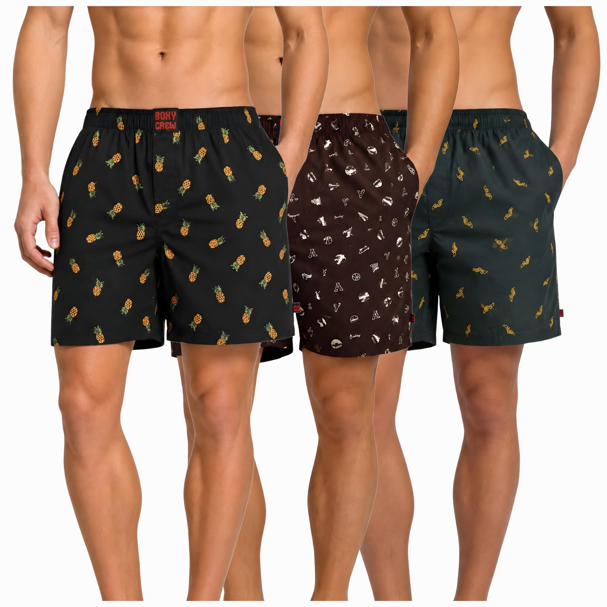 Men's 100% Cotton Boxer Shorts Pack of 3, Charcoal, Brown & Dark Teal | Woven Boxers with Side Pockets, No-Marks Elastic Waistband, Breathable Relaxed Fit | Style 004-005-010-image-49