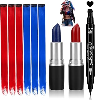 9 Pcs Halloween Costume Quinn Accessories,【Red+Blue Face Body Paint Stick】【 Red+Blue Clip in Hair Extensions】【 Black Liquid Eyeliner Stamp】 Makeup Kit for Harley Costume Cosplay Women Girls Kids