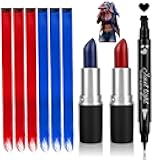 9 Pcs Halloween Costume Quinn Accessories,【Red+Blue Face Body Paint Stick】【 Red+Blue Clip in Hair Extensions】【 Black Liquid Eyeliner Stamp】 Makeup Kit for Harley Costume Cosplay Women Girls Kids