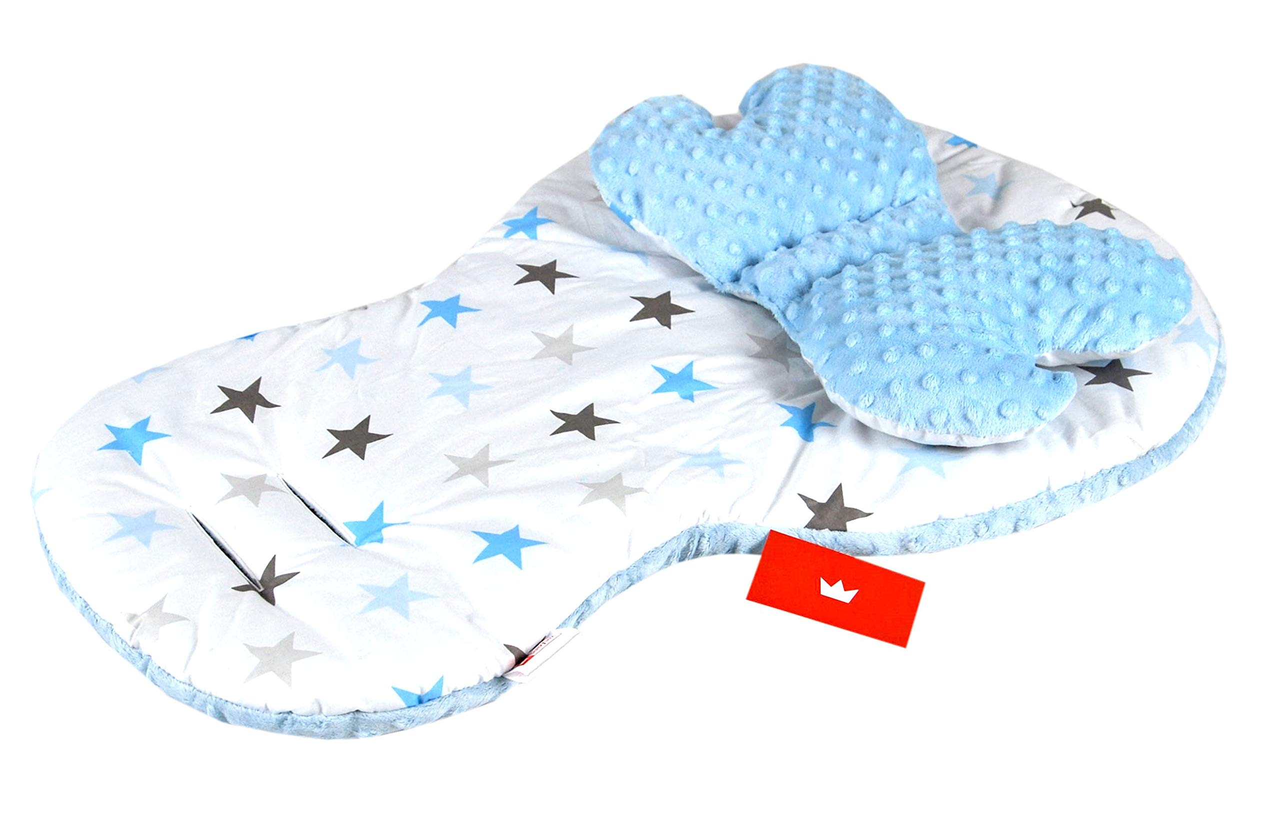 BABYLUX Kinderwagen SITZAUFLAGE Kissen Gurtschoner f. Buggy Autoschale Einlage (4. Blau + Sterne, 3 Tlg Sitzauflage + Kissen + Gurtpolster)