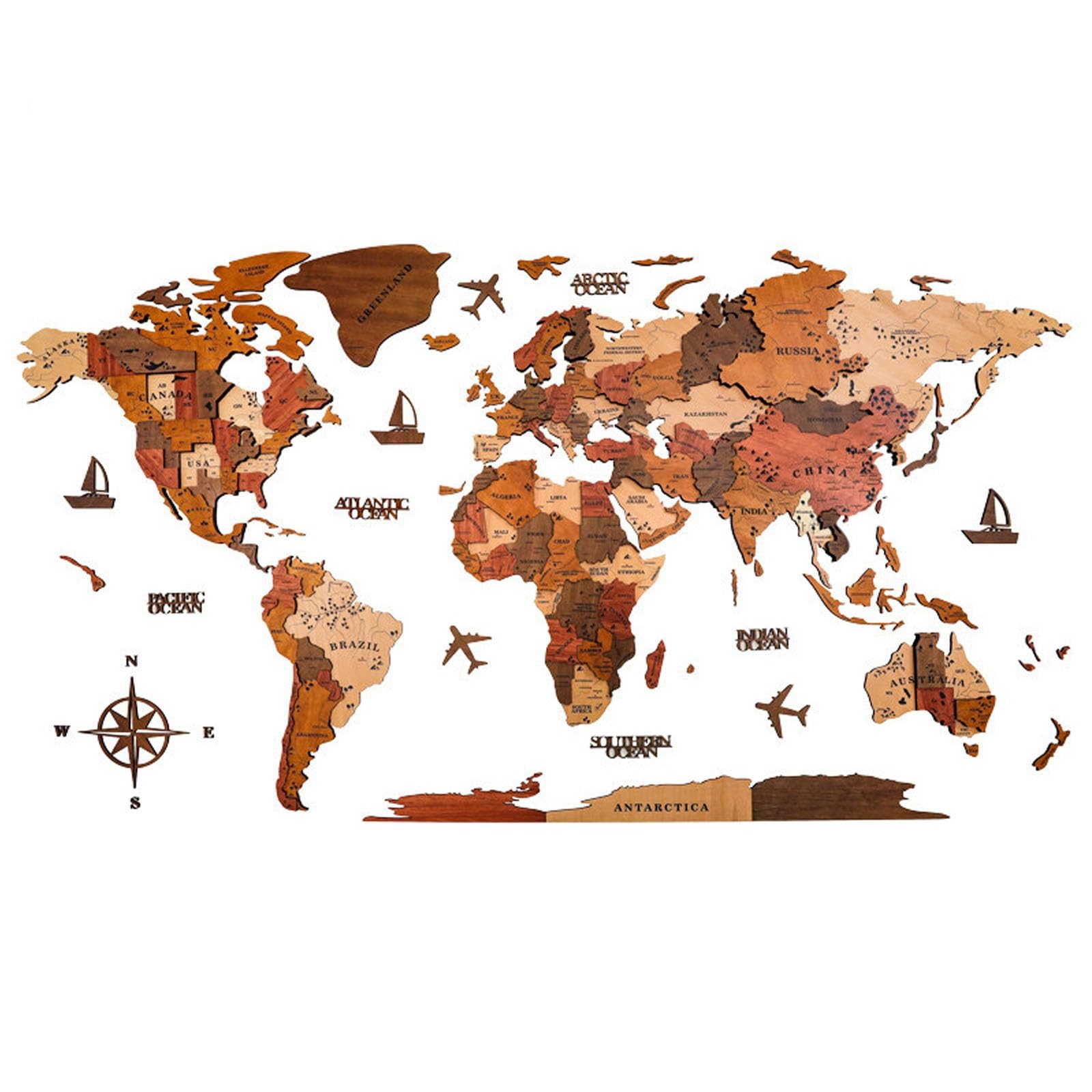 TRCBADOWKC 3d Wood World Map Wall Art, Wooden World Map 3D Art Large Wall Decor, Living Room Hanging Mural Wallscape, Creative Wall Decoration for Living Room Background(Color 2,150x85cm/59x33.4in)
