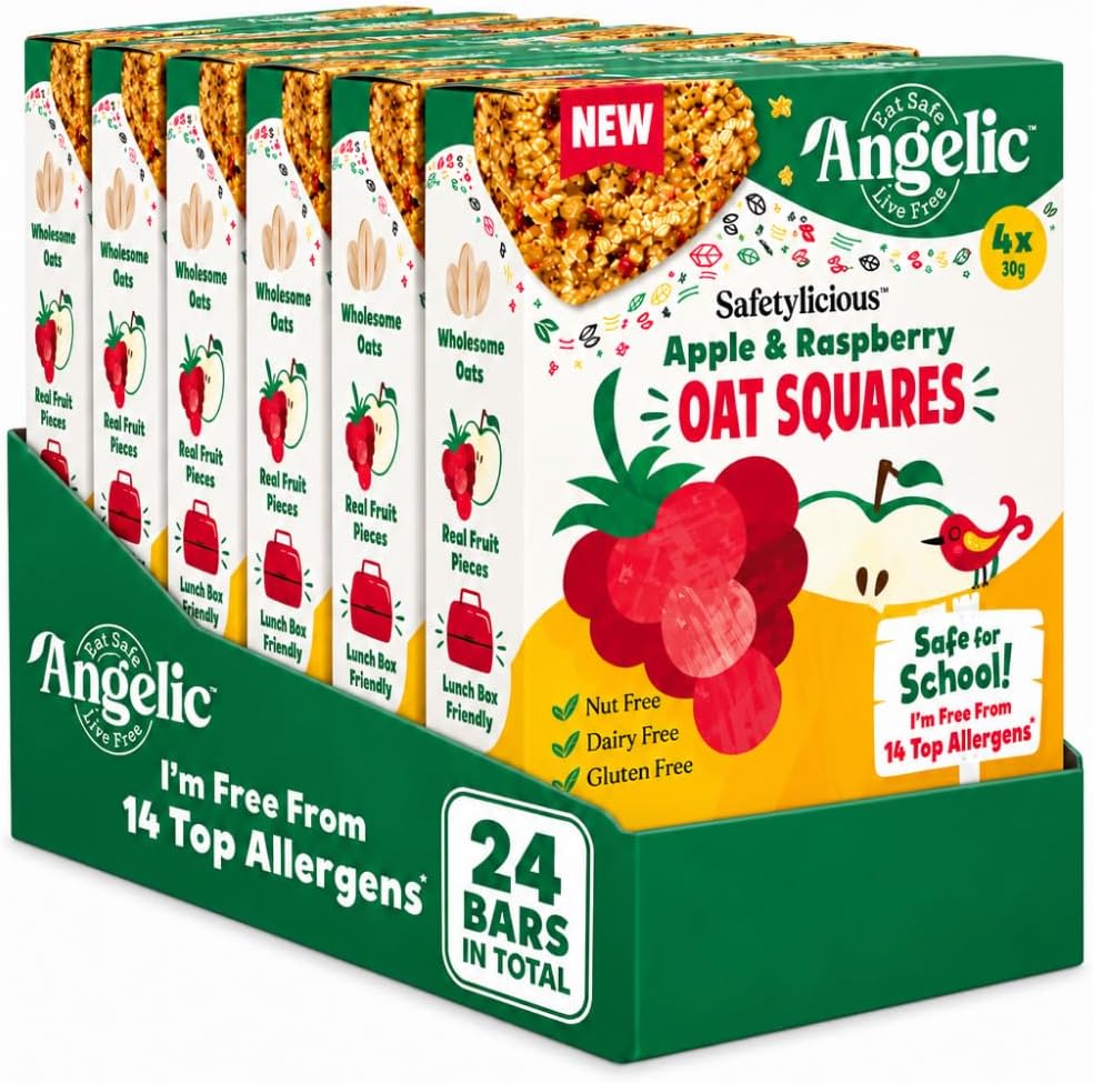 โ Angelic Free From 24 Bars Pack Apple & Raspberry Oat Squares. Vegan Allergen Free Kids Snack Oat Bars For Snacks & Lunch Box. Nut, Gluten, Egg & Dairy Free Multipack Kids Snacks Bars. (24 Bars x 30g)