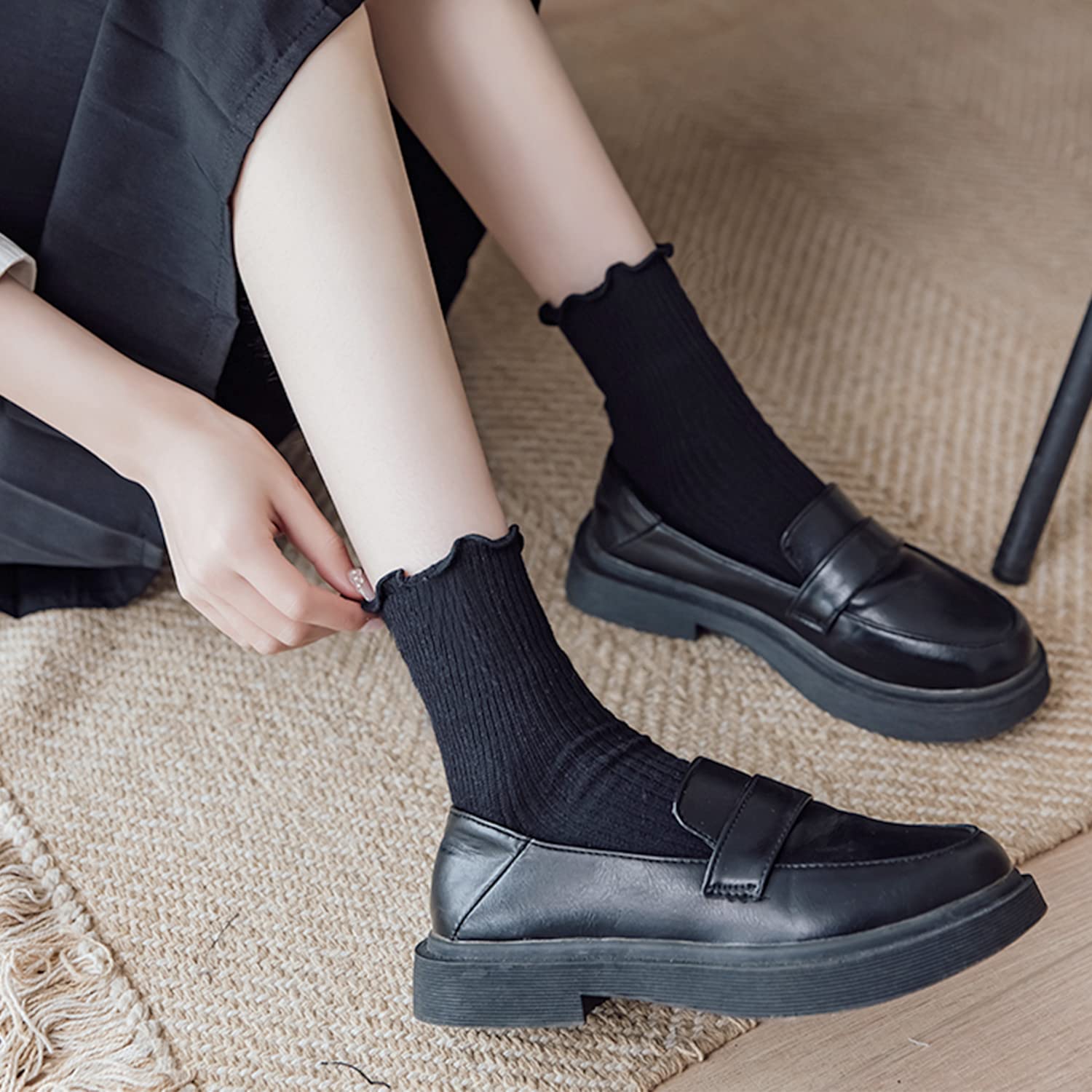 Mcool Mary Women's Ruffle Socks,Casual Cute Ankle Breathable Knit Cotton Soft Frilly Crew Socks for Women 6 Pack: Black-1 5-9