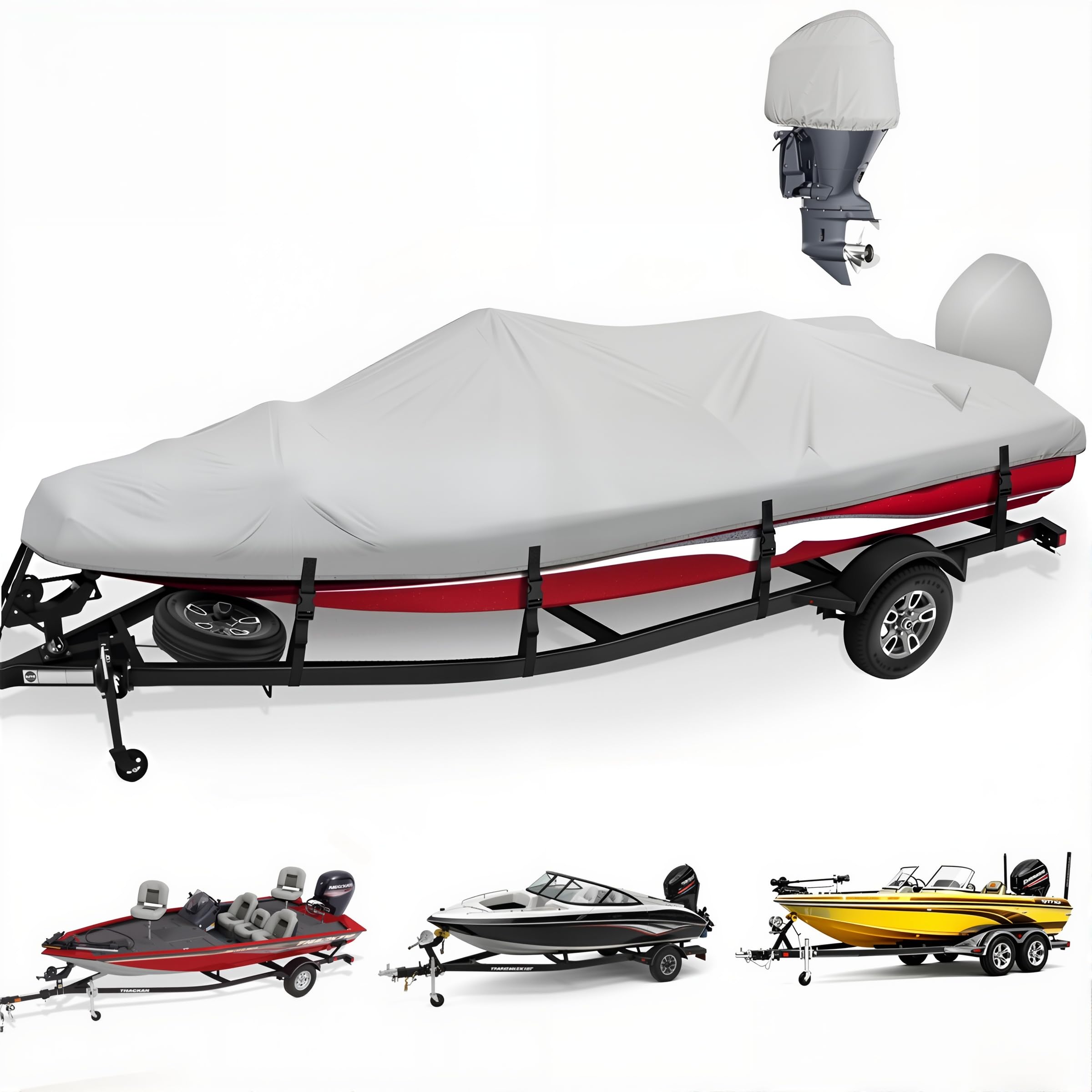 YimSting Boat Cover 16-18.5 ft, Heavy Duty 900D Waterproof V-Hull Bass Tracker Boat Cover, Trailerable 16 17 18 ft Boat Cover with Motor Cover, Gray