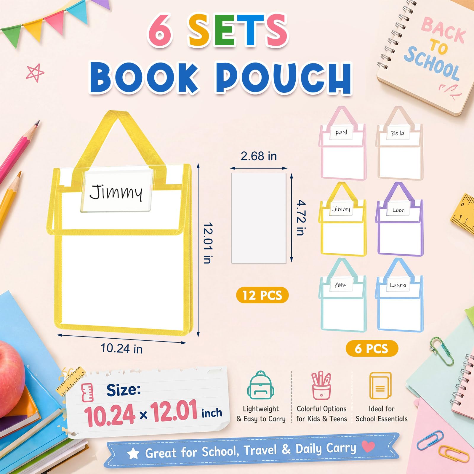 Teling Lot de 6 pochettes transparentes pour livres, 25,4 x 30,5 cm, pastel