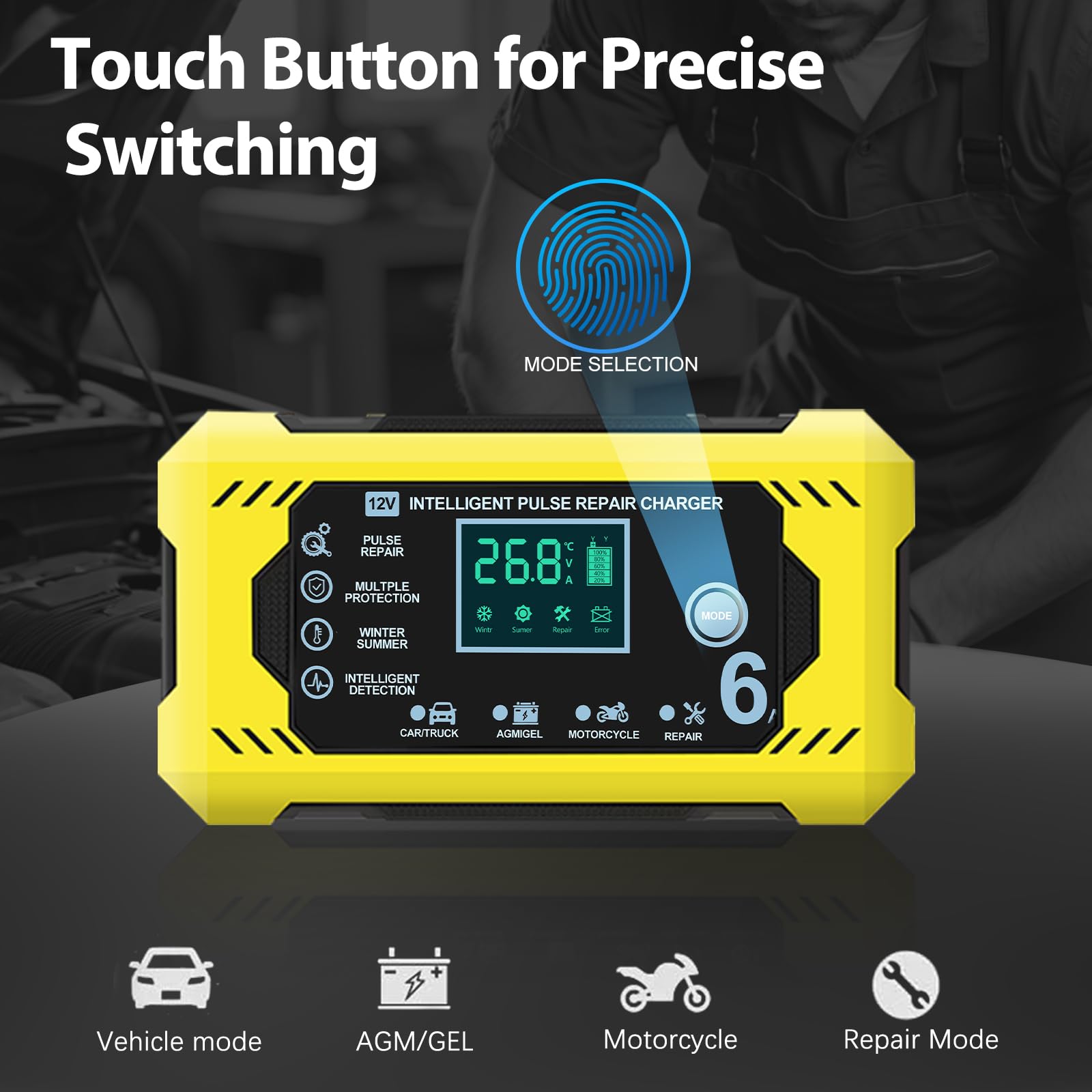 Carica Batteria per Auto, Caricabatterie Auto intelligente da 12V 6A con Schermo LCD Touch Screen, Rilevamento Automatico, Riparazione, Manutenzione e Protezioni Multiple per Piombo-Acido/AGM/Gel