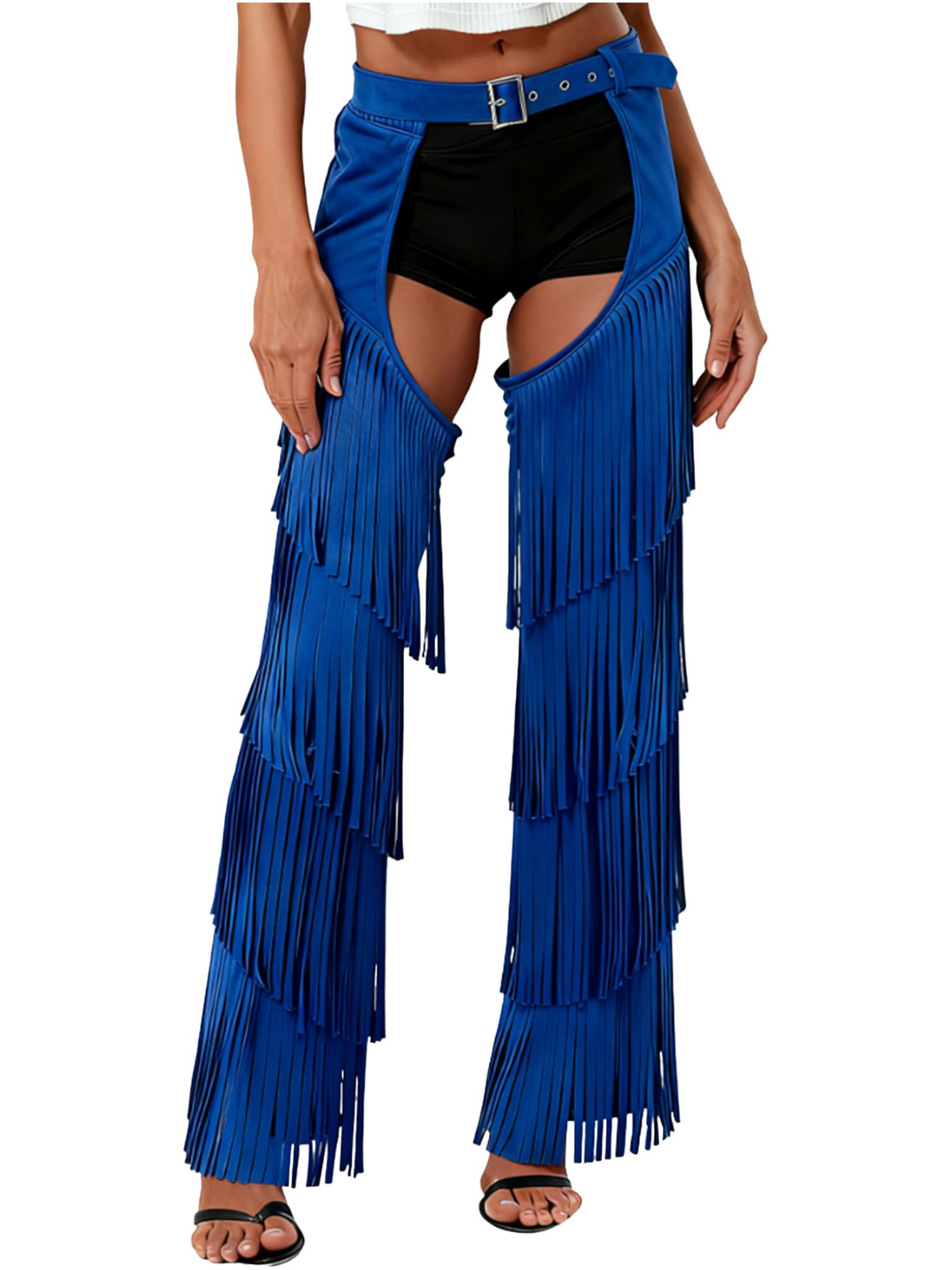 Zaldita Women's Tassels Cowboy Chaps Cowgirls Fringe Hollow Out Chaps Trousers for Halloween Party Blue S