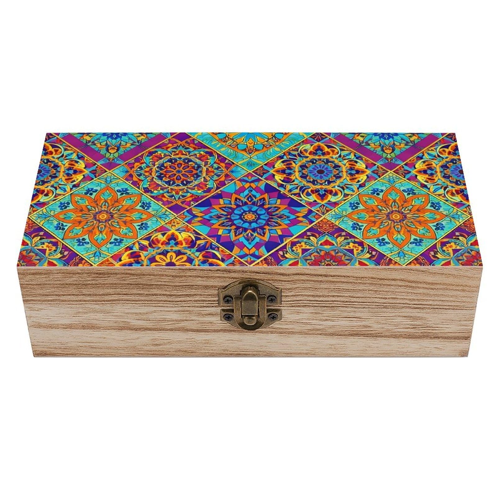 SMAZDFXX Vintage Mandala Tile Pattern Wooden Storage Box With Hinged Lid Decorative Front Clasp Keepsake Boxes