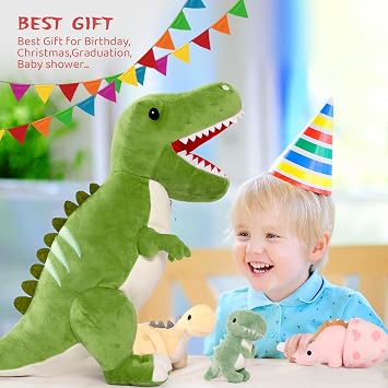 MorisMos Dinosaur Stuffed Animal with Babies,23.6'' Big T-Rex Mommy Stuffed Dinosaur with 3 Baby Dino Plush Toys, 3 Eggs,Boy Girl Dino Toys for Kid Birthday Christmas,Green T-rex