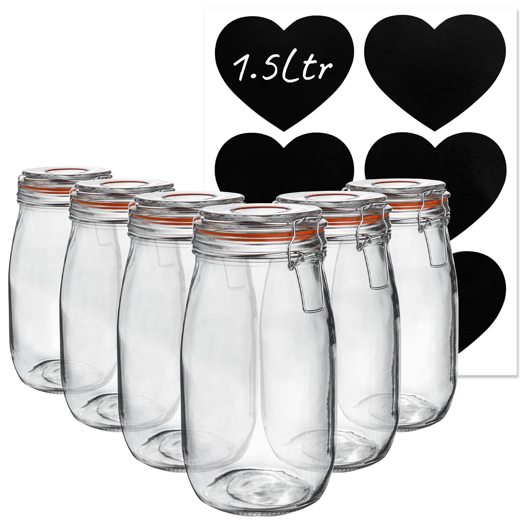 Argon Tableware Clear Glass Storage Jars With Labels - Vintage Food Preserving Container - Clip Lid - 1.5 Litre - Orange, White, & Black Seals - Pack Of 6