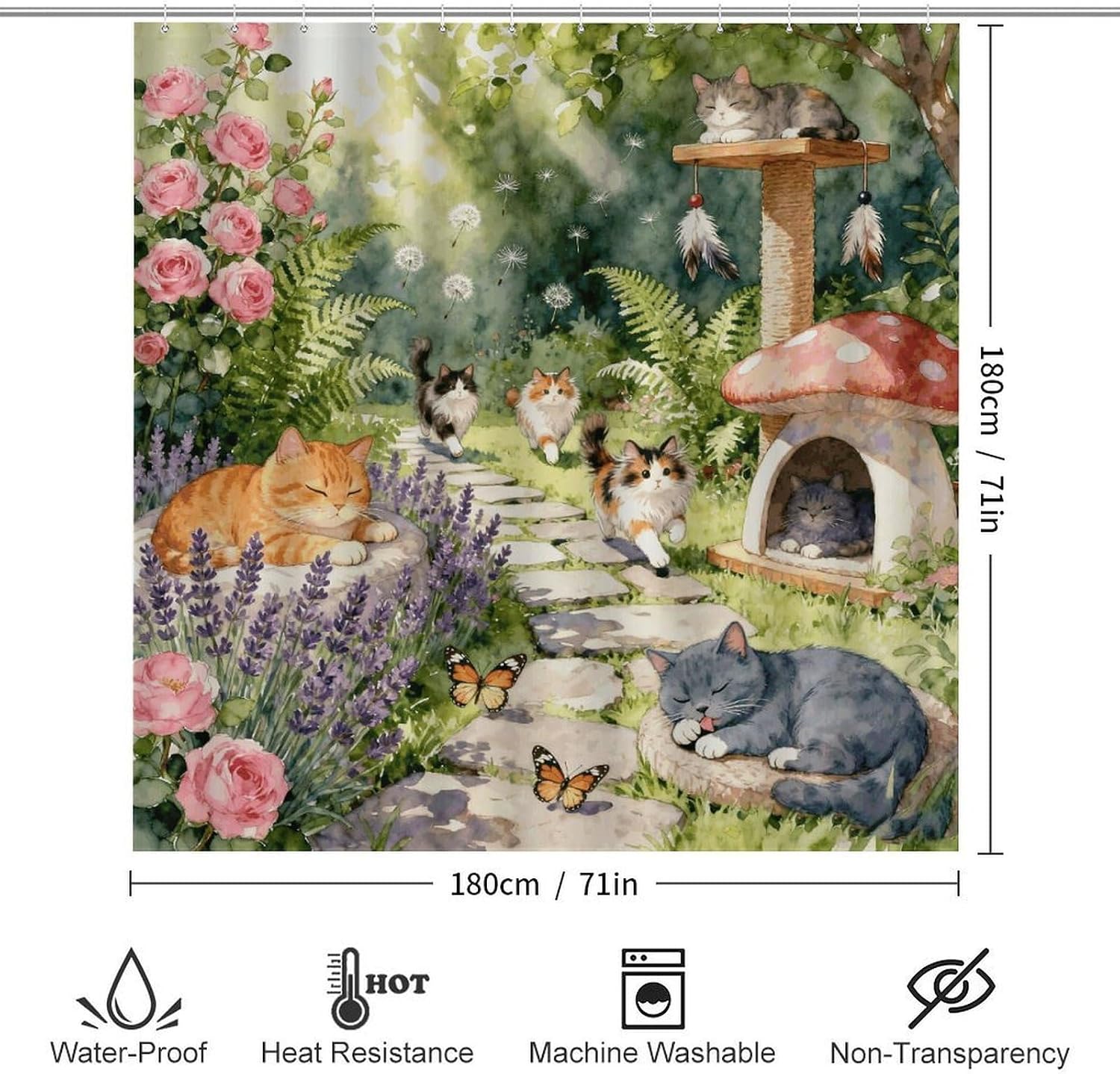 Cat Garden Bathroom Rugs Sets 4 Piece | Shower curtain sets, non-slip absorbent soft flannel bath mat, u-shaped toilet mat & lid cover, bathroom decor accessories