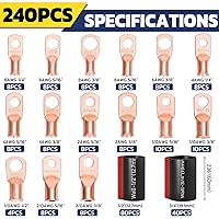 Vista 2 de haisstronica Kit de 240 piezas de extremos de cable de batería, 120 piezas de terminales de anillo de lengüetas de alambre de cobre de calibre AWG 8