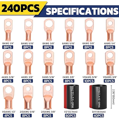 Miniatura 2 de haisstronica Kit de 240 piezas de extremos de cable de batería, 120 piezas de terminales de anillo de lengüetas de alambre de cobre de calibre AWG 8