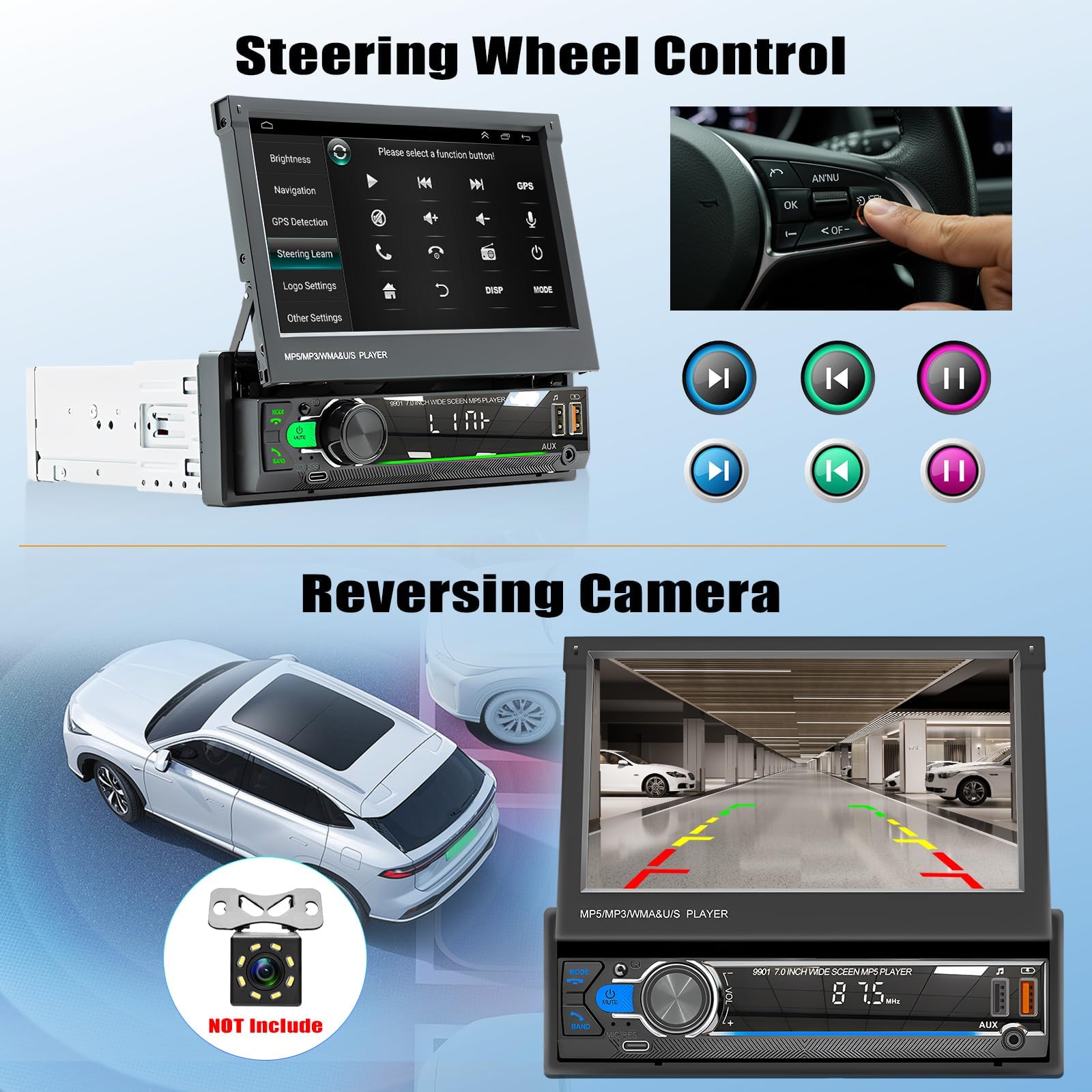 Autoradio Écran Tactile 1 Din de 7 Pouces Capacitif à Déploiement Rapide avec Bluetooth Mirror Link FM/RDS SWC USB AUX + AHD Caméra de Recul