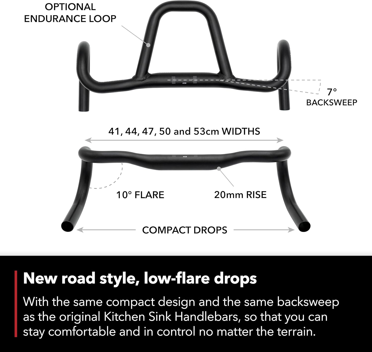 REDSHIFT Kitchen Sink Low Flare Handlebar without Loop for Road, Gravel, Touring, and Commuter Bikes, Aluminum Drop Bar, 31.8mm Clamp, with 20mm of Rise, 44cm Width REDSHIFT Kitchen Sink Low Flare Handlebar without Loop for Road, Gravel, Touring, and Commuter Bikes, Aluminum Drop Bar, 31.8mm Clamp, with 20mm of Rise, 44cm Width