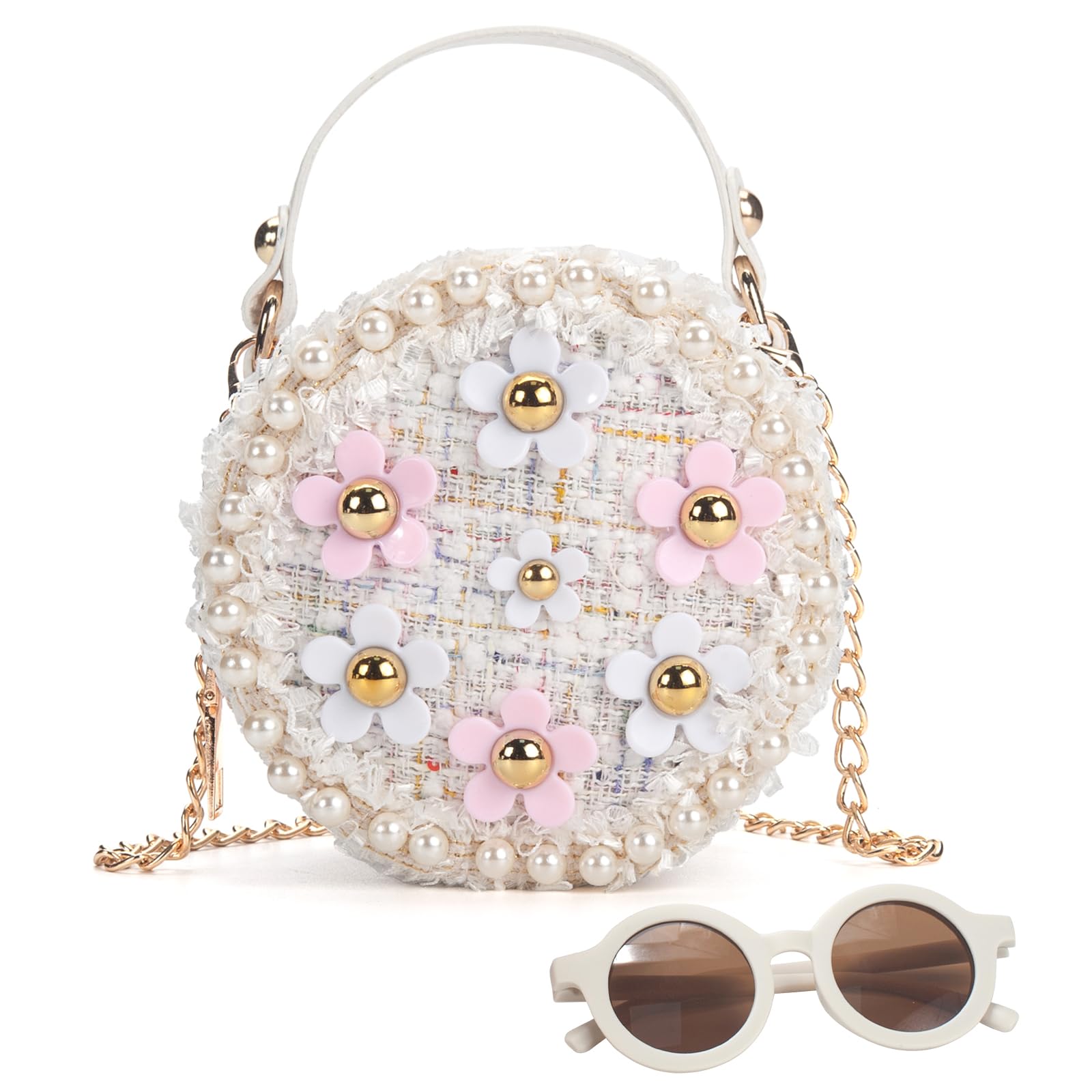 LJCTULY Kids Purse for Girls Age 1-14, Flower Purse for Kids, White Toddler Wallet with Round Glasses, Cute Girls Handbag, Toddler Crossbody Bag Gift
