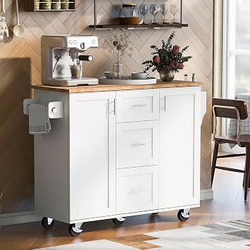 Rolling Kitchen Island with Rubber Wood Top, Kitchen Cart on Wheels with 3 Drawer, 2 Slide-Out Shelf and Internal Storage Rack, Dining Room Island Table with Spice Rack & Tower Rack