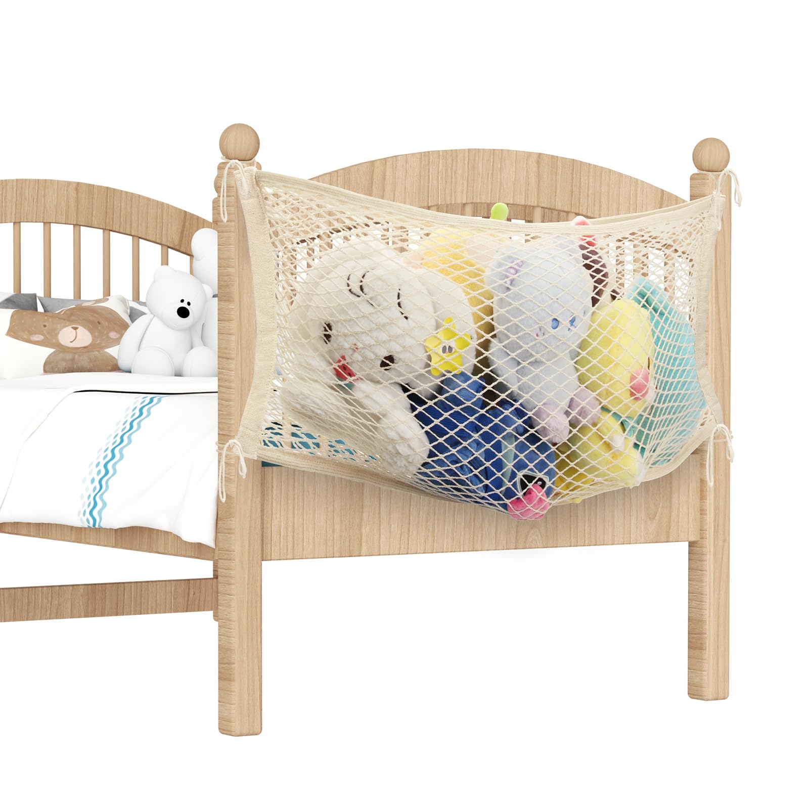 LAHAQIQI Stuffed Animal Storage Net for Kids Bedside Soft cuddly Toy Organizer Hanging Cotton Net with Tether for Bedroom(Beige, 1Pack)