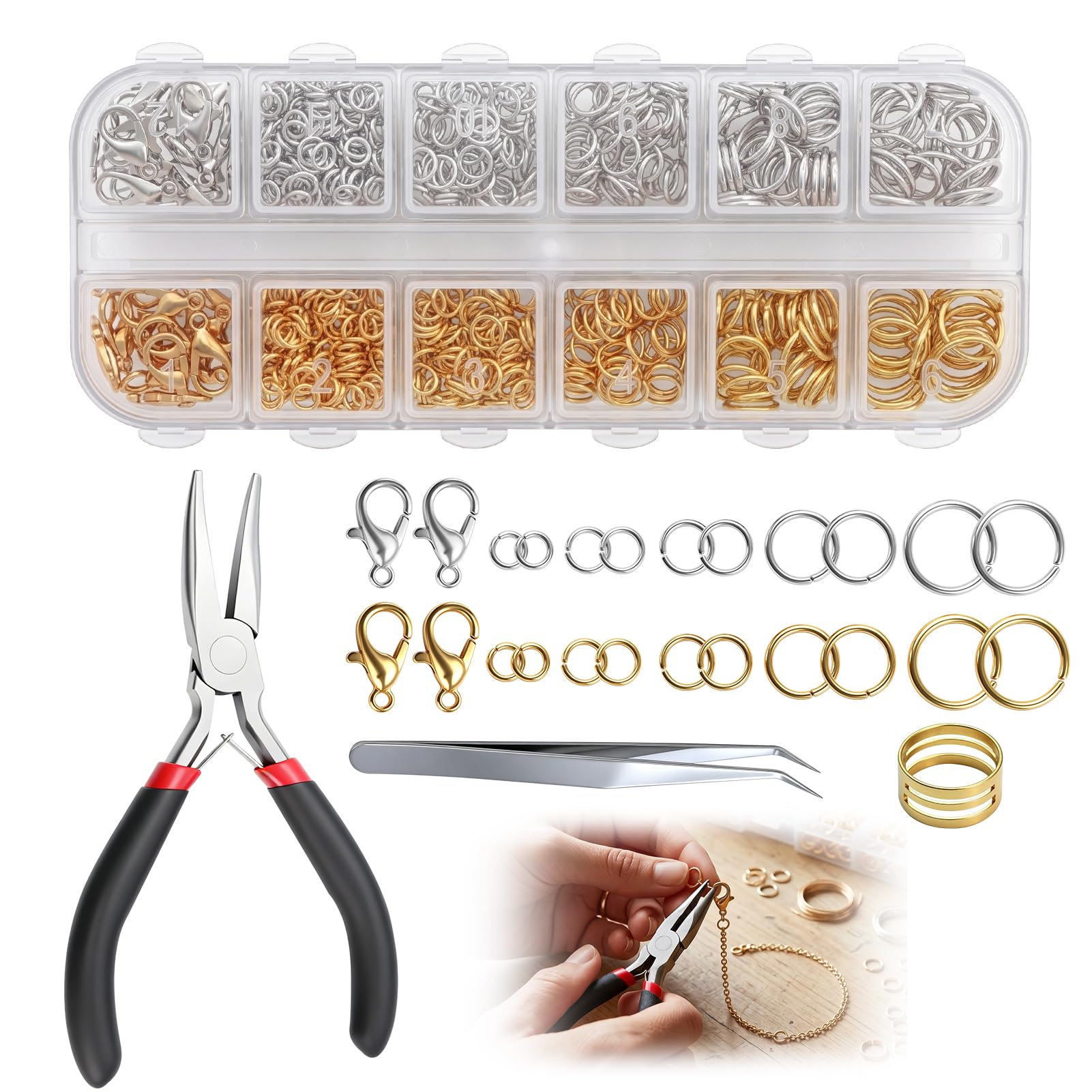 934Pcs Jump Rings for Jewellery Making Supplies and Necklace Repair Kit with Jewelry Pliers and Open Jump Ring Tool (Silver and Gold)