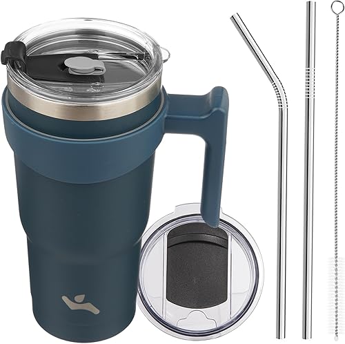 Miniatura 45 de Vaso de 30 onzas con asa y 2 pajitas, 2 tapas, botella de agua aislada de acero inoxidable con vacío, taza de viaje reutilizable, color lavanda