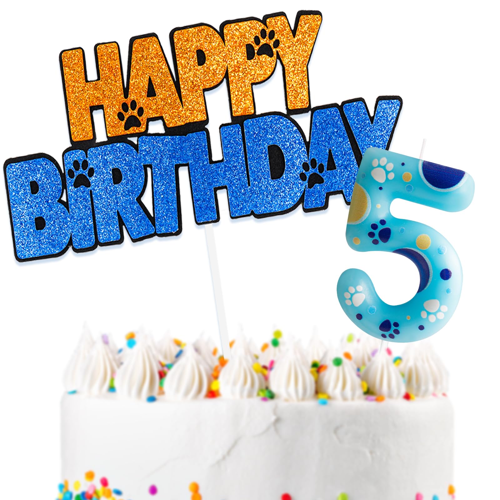 Dog Paw Cake Decorations with Happy 5th Birthday Cake Toppers and Birthday Candles Number 5, Dog Paw 5th Birthday Party Decorations for Girls Boys
