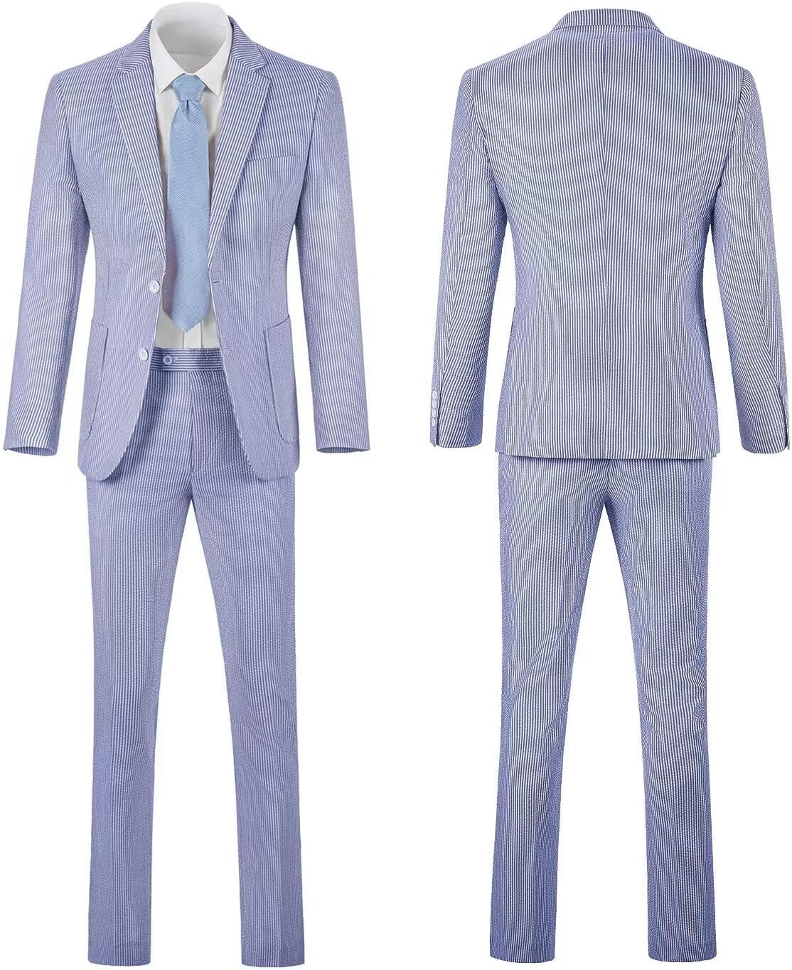 Mens Seersucker Suit Slim Fit Suits for Men Summer Striped Wedding Prom Party Dinner 2 Piece Daily Suit Jacket Blazer Pants Blue 3XL - Image 7