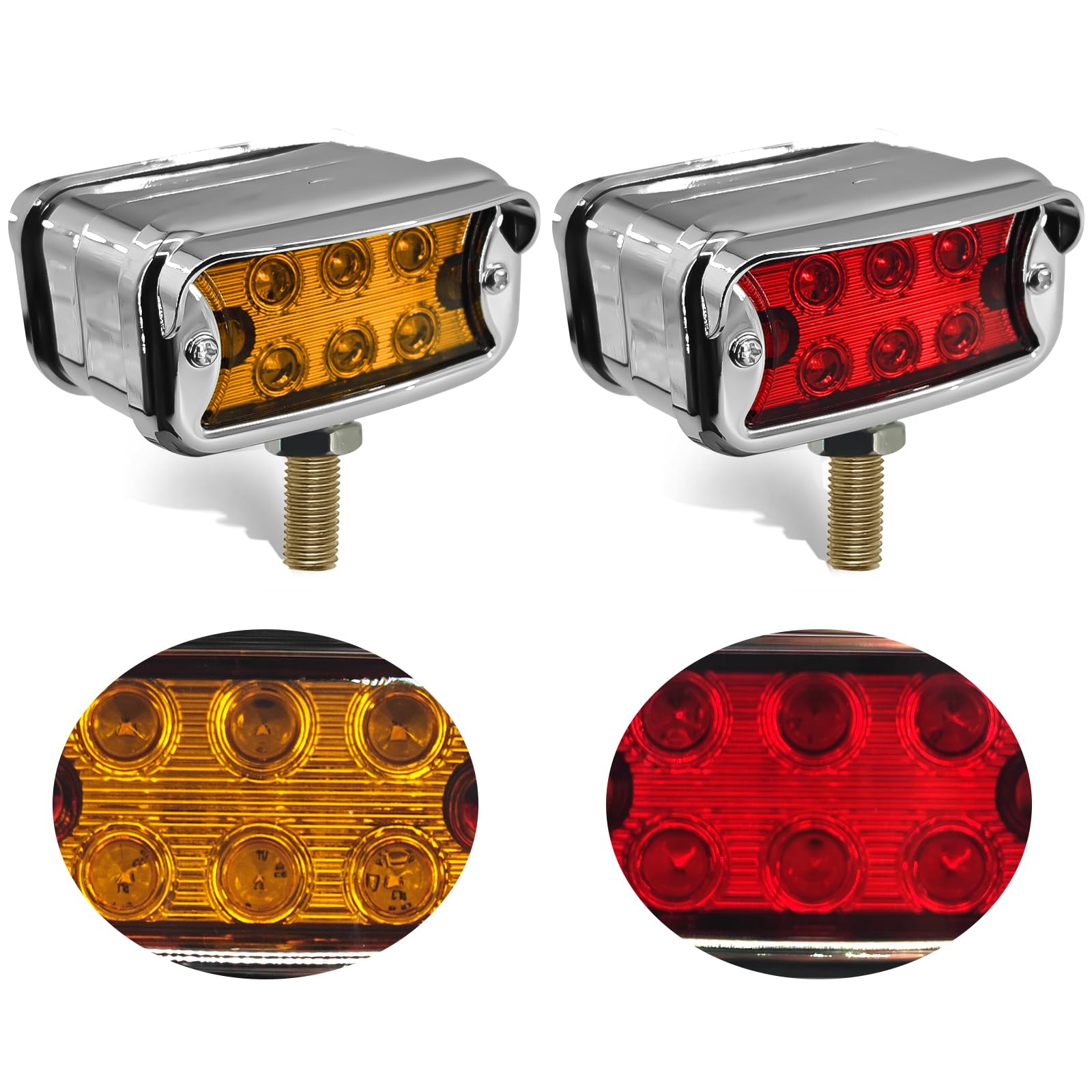 2PCS 12 LED Dual Revolution Amber/Red Turn Signal & Marker Lights with Horizontal Visor, Double Face Chrome Pedestal Bumper Lights for Peterbilt, Ke-nw-or-th, Freightliner Trucks