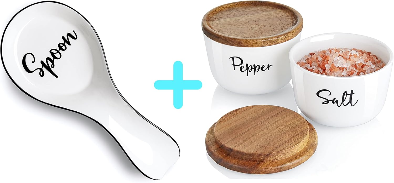 Ceramic Spoon Rest for Stove Top, DAYYET Large Spoon Holder, Farmhouse Spoon Rest for Kitchen Counter, White Bundle Farmhouse Salt and Pepper Bowls, 10 oz Ceramic Salt Cellar with Wooden Lid